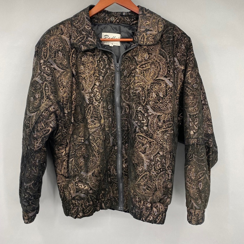 Vtg Radlee Womens Black Gold Paisley Print Genuine Leather Bomber Jacket Size S